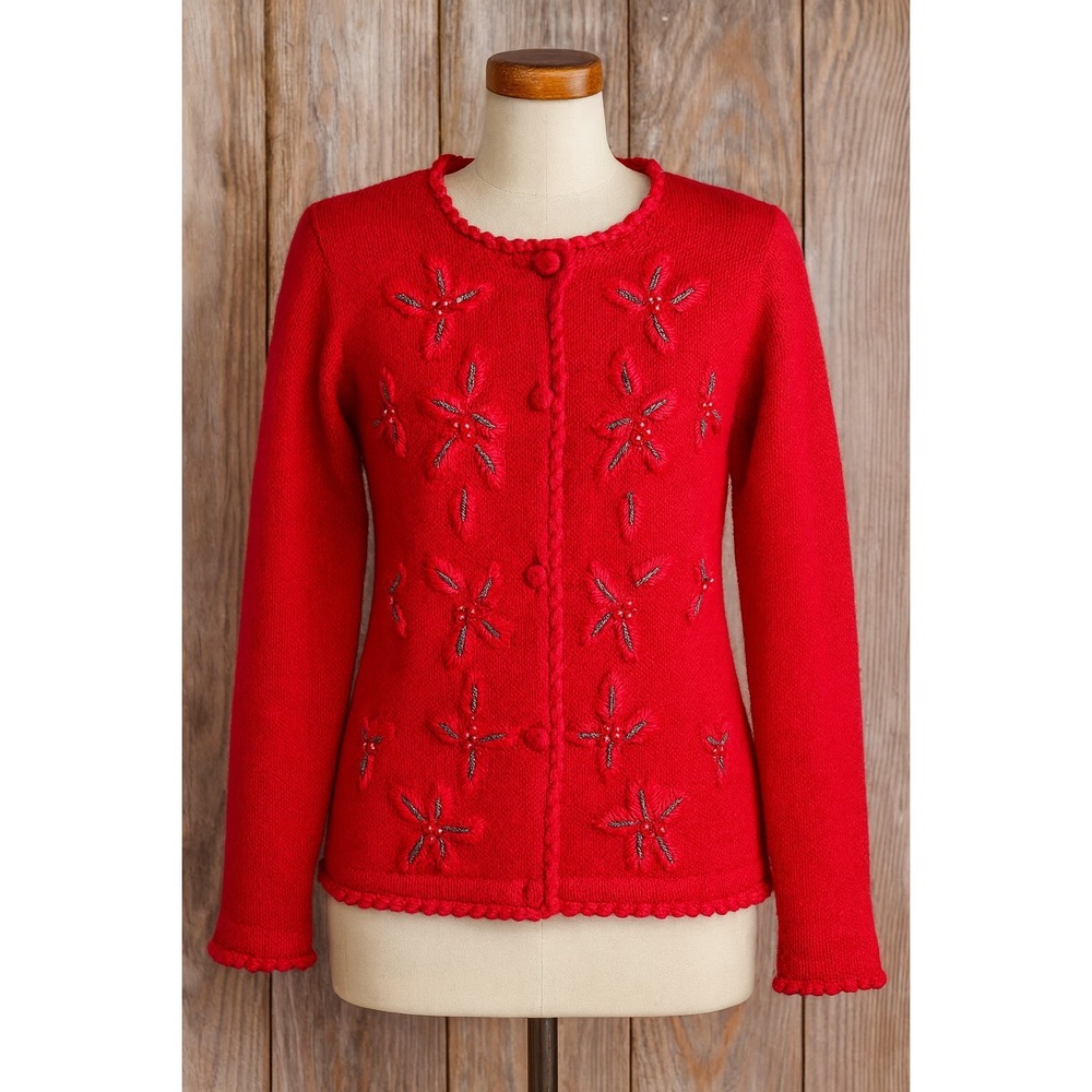 Victoria Jones Petite Red Beaded Embroidered Cardigan Sweater PS Vintage - Picture 1 of 12